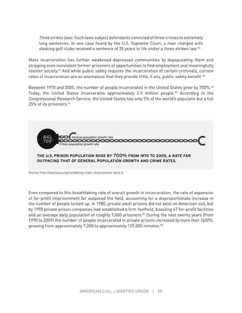 Three strikes laws: Such laws subject defendants convicted of three crimes to extremely long sentences. In one case heard by the U.S. Supreme Court, a man charged with stealing golf clubs received a sentence of 25 years to life under a three strikes law.* Mass incarceration has further weakened depressed communities by depopulating them and stripping even nonviolent former prisoners of opportunities to find employment and meaningfully reenter society.#” And while public safety requires the incarceration of certain criminals, current rates of incarceration are so anomalous that they provide little, if any, public safety benefit. Between 1970 and 2005, the number of peaple incarcerated in the United States grew by 700%." Today, the United States incarcerates approximately 2.3 million people.** According to the Congressional Research Service, the United States has only 5% of the world’s populatin but a full 25% of its prisoners.” General popuition arowth rate Prison poputation growth rate THE U.S. PRISON POPULATION ROSE BY 700% FROM 1970 TO 2005, A RATE FAR OUTPACING THAT OF GENERAL POPULATION GROWTH AND CRIME RATES. Source: htp:/funw.aclu.org/combating-mass- incarceration-facts-0 Even compared to this breathtaking rate of overall growth in incarceration, the rate of expansion of for-profit imprisonment far outpaced the field, accounting for a disproportionate increase in the number of people locked up. In 1980, private adult prisons did not exist on American soil, but by 1990 private prison companies had established a firm foothold, boasting 67 for-profit facilities and an average daily population of roughly 7,000 prisoners.* During the next twenty years (from 1990 to 2009) the number of people incarcerated in private prisons increased by more than 1600%, growing from approximately 7,000 to approximately 129,000 inmates. AMERICAN CIVIL LIBERTIES UNION | 11